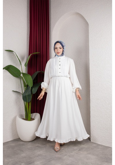 Hira Life Fashion Kadın Çilek Kumaş Ve Önü Düğmeli Eteği Fırfırlı Hakim Yaka Elbise Beyaz Beyaz Hira Life Fashion Kadın Çilek Kumaş Ve Önü Düğmeli Eteği Fırfırlı Hakim Yaka Elbise Beyaz Beyaz