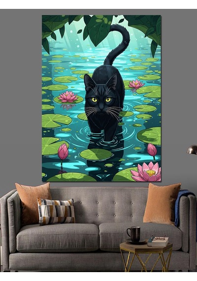 Ahşap Tablo Kara Kedi Göl Silüeti