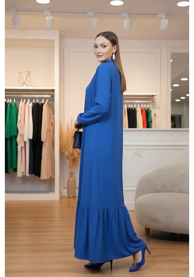 Polologin Butik İndigo Mavi Dik Yaka Büzgülü Kol Maxi Elbise - Eteği Volanlı Akışkan Tasarım Mavi Polologin Butik İndigo Mavi Dik Yaka Büzgülü Kol Maxi Elbise - Eteği Volanlı Akışkan Tasarım Mavi