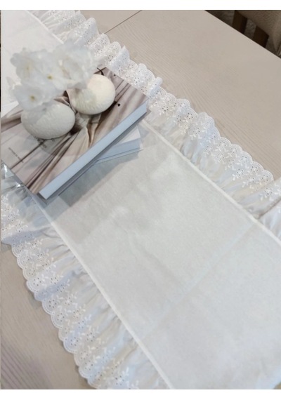 % 100 Pamuk Ham Keten Fisto Fırfırlı Oval Runner Beyaz 45x140