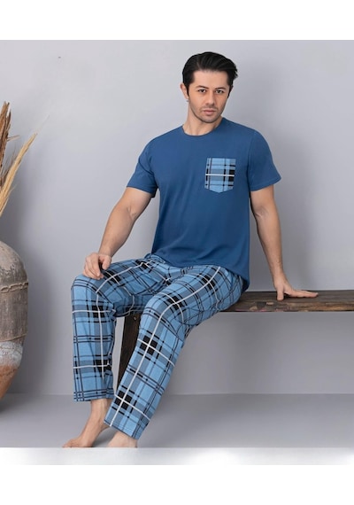 Pijamoni Erkek Bisiklet Yaka Kısa Kol İnce Pijama Takımı 6163/10 - 1 Adet Mavi