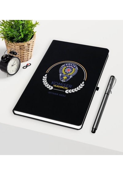 Kişiye Özel Komiser Yardımcısı Temalı Siyah Defter Kalem Seti - 2 Siyah