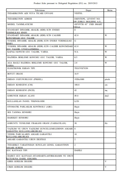 Vestel 43FV9750 43'' 108 Ekran Full Hd Smart Vidaa TV