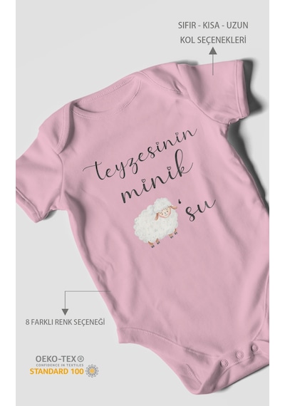 Teyzesinin Minik Kuzusu Baskılı Bebek Zıbını Çıtçıtlı Body 8 Renk %100 Pamuk Kısa Kol Koyu Pembe