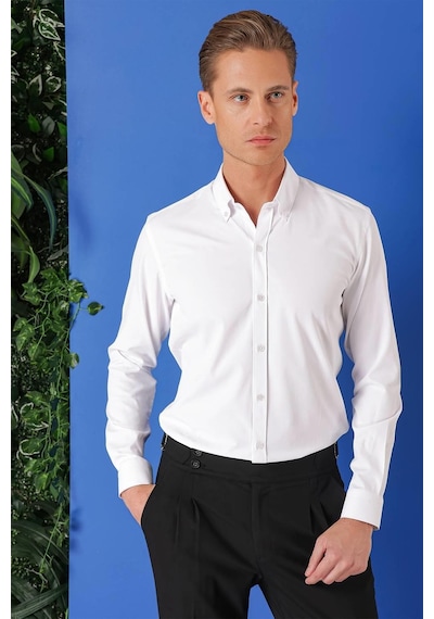 Efor Slim Fit Düğmeli Yaka Pamuklu Klasik Beyaz Gömlek Gk 714 Beyaz