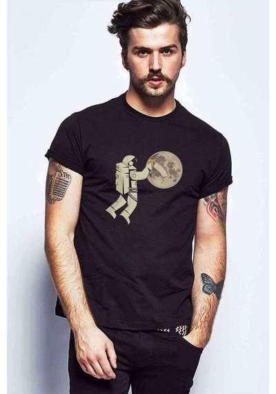 Astronot Cleaner Baskılı Siyah Erkek Tshirt