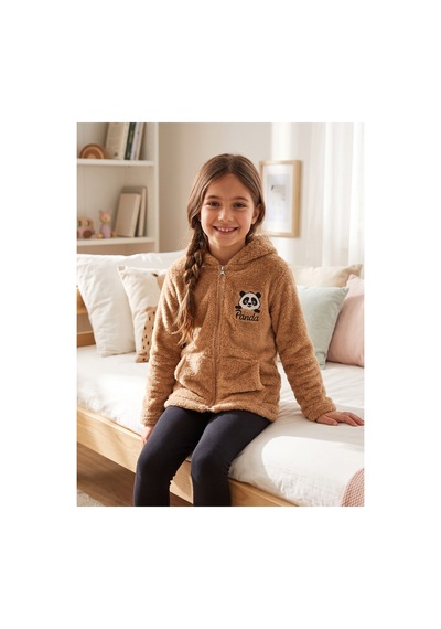 Deniva Kids Çocuk Bisküvi Kahverengi Panda Nakışlı Pelüş Fermuarlı Kapüşonlu Sweatshirt & Hırka Deniva Kids Çocuk Bisküvi Kahverengi Panda Nakışlı Pelüş Fermuarlı Kapüşonlu Sweatshirt & Hırka