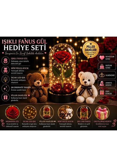 Led Işıklı Mika Fanus Solmayan Yapay Kırmızı Gül & 2 Mini Peluş Ayıcık Sevgiliye Romantik Hediye Set