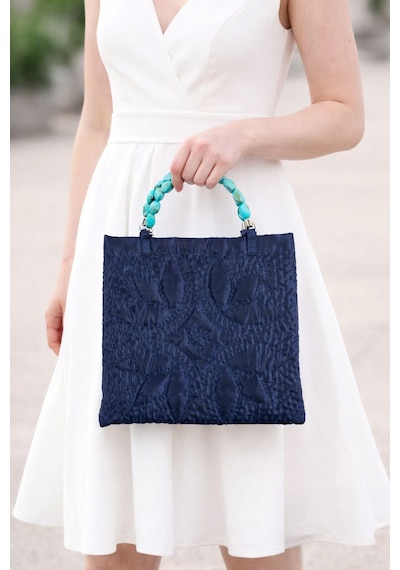 Ky Atelier Lacivert Saten Askılı Kapitone Portföy Çanta- El Yapımı Clutch- Abiye & Günlük Kullanım- Şık Kadın Çanta