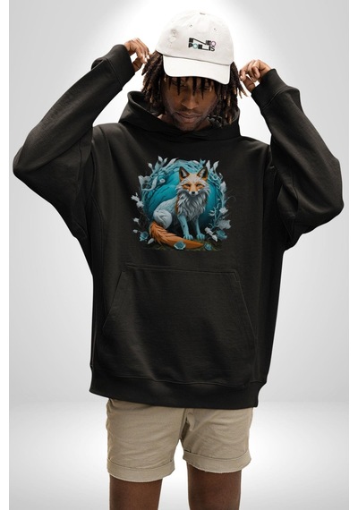 Beyaz Kurt Altın Maske Doğa Kadın Erkek Siyah Kapüşonlu Sweatshirt Hoodie Siyah