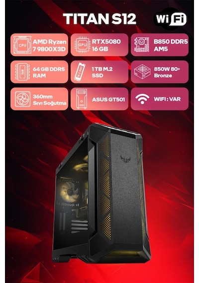 Game Garaj Titan S12 R7-9800X3D 64 GB 1 TB SSD RTX5080 Free Dos Oem Paket Masaüstü Oyuncu Bilgisayarı