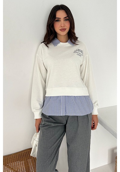 Noa & Noa Kadın Gömlek Detaylı Baskılı Sweatshirt Serene Layer Beyaz