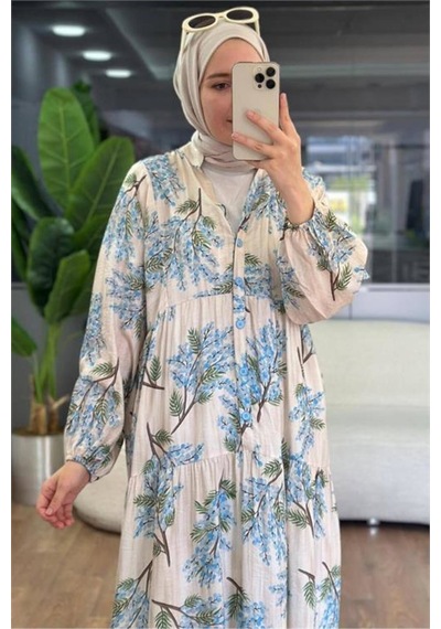 Neşeli Butik Kadın Mavi Hakim Yaka Düğmeli Viskon Çiçek Desenli Tesettür Elbise Nms099