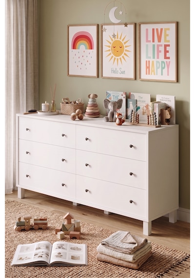 Robin Home Lena Bebek Çocuk Odası Geniş Şifonyer 6 Çekmeceli Ahşap Ayaklı Beyaz