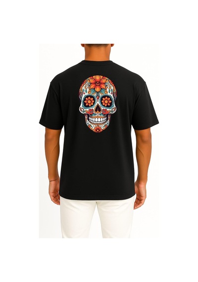 Bahriyeli Collection Oversize Mexican Day Of The Dead Skull Orange Pattern Cep Ve Sırt Tasarımlı Unisex T-shirt SIYAH