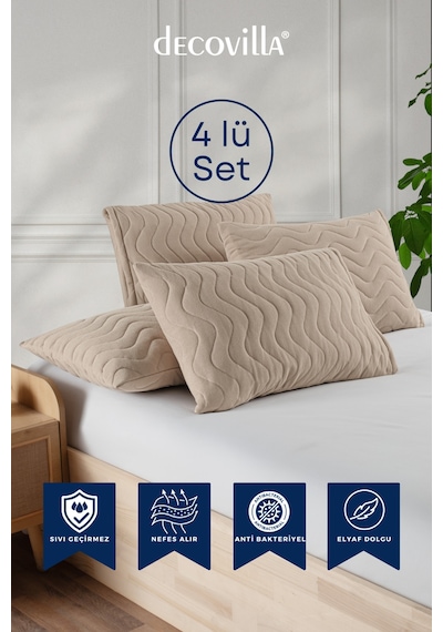 Micro Kapitone Yastık Alezi Sıvı Geçirmez 4 Lü Set Yastık Koruyucu 50x70 Bej