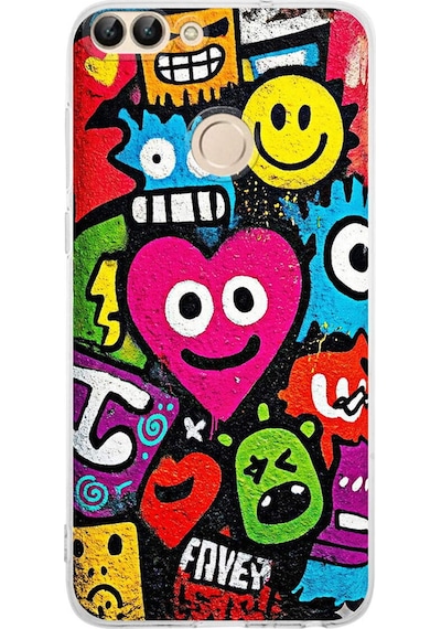 Huawei P Smart 2018 İle Uyumlu Grafiti Aşk Tasarımlı Şeffaf Silikon Kılıf Şeffaf