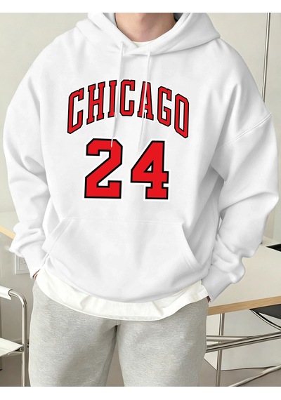 Startmore Tarzsokak Chicago Number 24 Letter Print Erkekler Rahat Moda Kapüşonlular Tüm Maç Sonbahar Tişörtü Pola Beyaz