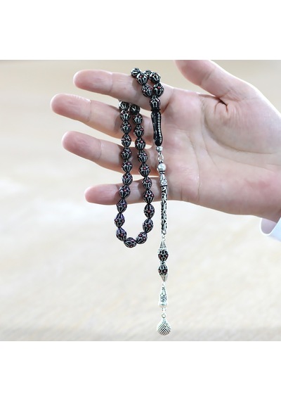 925 Ayar Gümüş Kral Zincir Püsküllü Gümüş-mercan İşlemeli Arpa Kesim Erzurum Oltu Taşı Tesbih Siyah