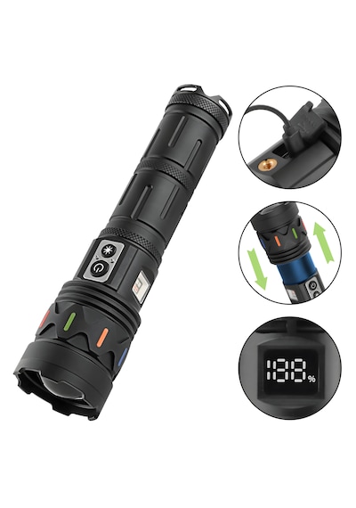 İdragon Af002 Ultra Güçlü Led El Feneri - P360 Lazer Odaklama & Acil Durum Powerbank Fonksiyonlu Fener Siyah