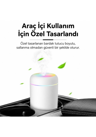 Araç İçi Mini Hava Nemlendirici Usb Ultrasonik Aroma Difüzörü Rgb Led Işıklı Sessiz Çalışma Bardak Tutuculu Tasarım