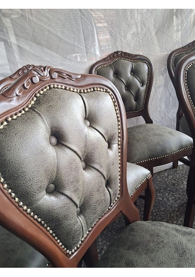 Sandalye Klasik 90614 Model Kayın Aslan Ayak Ceviz Nubuk Kumaş 8 Adet El Yapım Yeşil