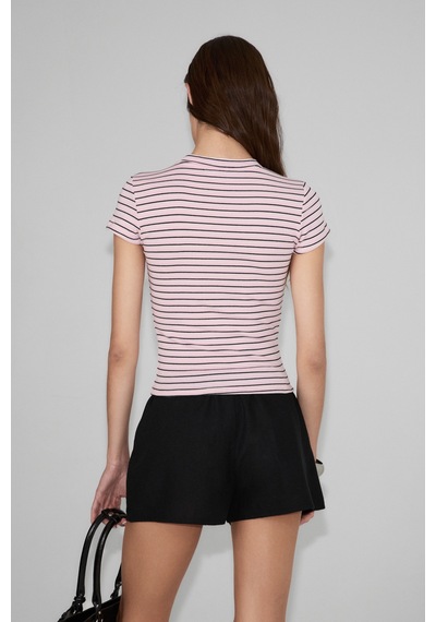 Grımelange Hopewell Kadın Yuvarlak Yaka Örme Slim Fit Pembe-siyah-beyaz Çizgili T-shirt