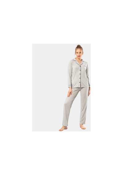 Türen Düz Uzun Kollu Gömlek Yaka Pijama Takım 3365/gri 001