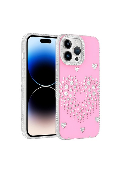 Maks Technology Apple iPhone Uyumlu 14 Pro Max Kılıf Damla Taşlı Mkst Rivas Sert Pc Kapak - Pembe