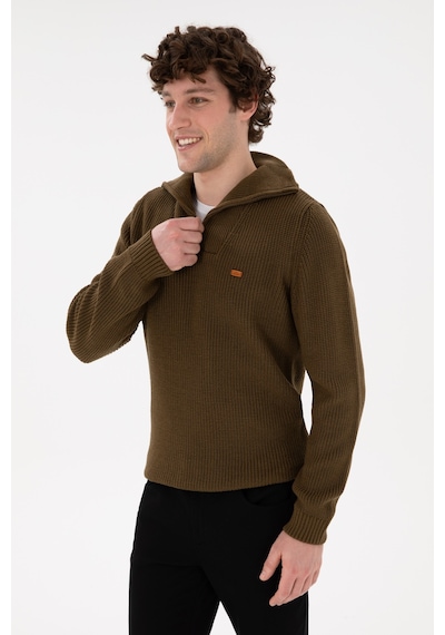 U.S. Polo Assn. Erkek Regular Fit Yarım Fermuarlı Haki Kazak 50297047-VR027