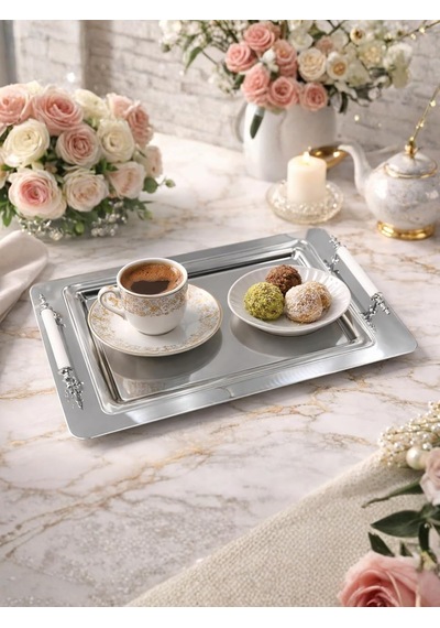 Tr 6 Kişilik Paslanmaz Çelik Sunum Tepsisi, Beyaz Saplı, Şık Servis Tepsisi, 35x25 Cm Diğer