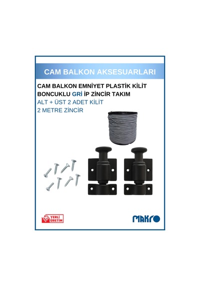 Cam Balkon Kilidi Emniyet Plastik Kilit Boncuklu Gri Ip Zincir Takım Seti