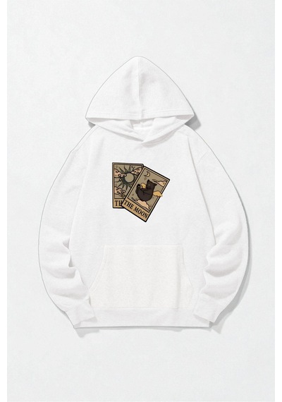 Uyguntarz Unisex The Moon Tarot Kart Tasarım Baskılı Kapüşonlu Sweatshirt beyaz