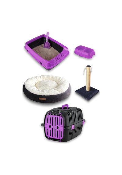 Premium Kedi Başlangıç Seti - Açık Kedi Tuvaleti, Taşıma Sepeti, Peluş Simit Yatak, Tırmalama T