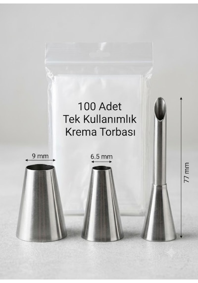 Profiterol & Ekler Dolgu Duy Seti 304 Paslanmaz Çelik + 100 Krem Torbası Gri