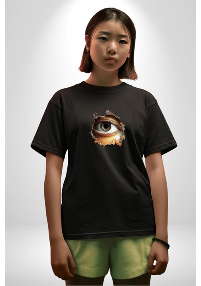 Duvardan Biri Bizi Gözetliyor Pamuklu Bisiklet Yaka Unisex Oversize Boyfriend Dijital Baskılı Siyah T-shirt Siyah