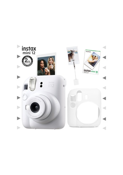 Fujifilm Instax Mini 12 Fotoğraf Makinesi + 10'lu Film + Kıskaçlı Resim Standı + Silikon Kılıf Seti Beyaz