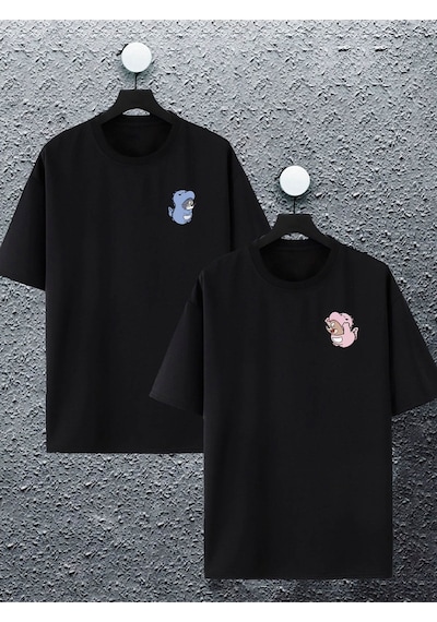 Unisex Kadın Erkek Dinazor Tom Ve Jerry Baskılı Sevgili Çift Kombini Tasarım Oversize Tshirt 2'li Siyah Mck2111 Siyah