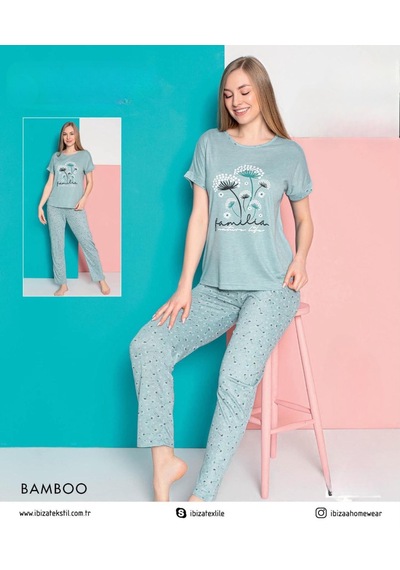 Senfoni Kadın Bamboo Viskon Bisiklet Yaka Kısa Kol Pijama Takımı 10337 -1 Adet Yeşil