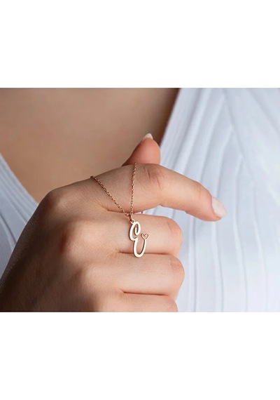 925 Ayar Kesim Harf Kolye.rose.gold.rodaj Gümüş