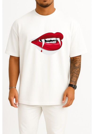 Bahriyeli Collection Oversize Dracula Vampire, Teeth Göğüs Tasarımlı Unisex T-shirt Beyaz