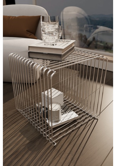 Miami Minimalist Metal Tel Yan Sehpa Modern Küp Yan Sehpa & Modüler Kitaplık Gümüş