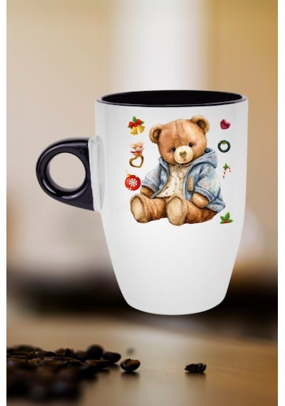 Yeni Yıl Oyuncak Ayı Teddy Bear Baskılı Kupa Bardak Porselen Latte Filtre Kahve Fincanı Siyah