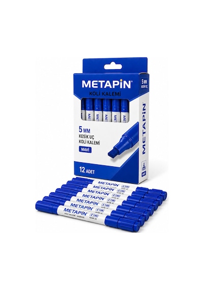 Metapin 5 Mm Mavi Kesik Uç Koli Kalemi 12 Adet Kalın Uçlu Marker Koli Markörü Ambalaj İşaretleme