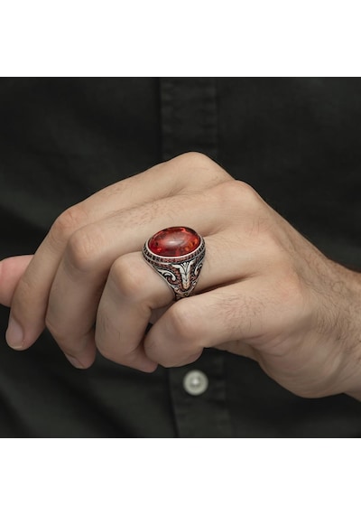 Oval Sentetik Kehribar Taşlı 925 Gümüş Erkek Yüzük