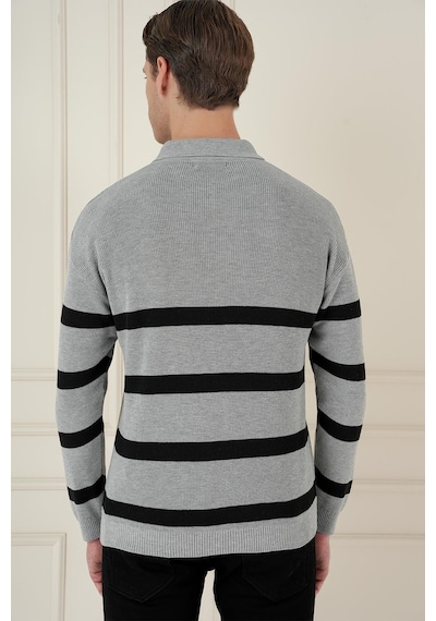 Efor Slim Fit Çizgili Fermuarlı Polo Yaka Gri Triko Kazak Tr 877 Gri