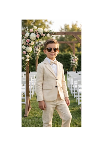 Baby Kids Colors Erkek Çocuk Flamlı Keten Salaş Ceketli Takım Elbise / Gömlek Pantolon Ceket Papyon Keten Takım Bej