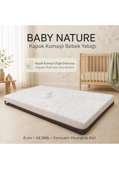 Baby Nature 8 Cm Sünger Bebek Ve Çocuk Yatağı Beşik, Park Yatak, Montessori Ve Çocuk Karyolası Fermuarlı Yıkanabilir Kılıf Kapok Kumaş 24 Dns Orta Sert Sünger Koruyucu Süprem 70 x 110 CM