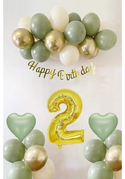 Adaçayı Konsept Doğum Günü Seti Küf Yeşili-krom Gold- Deniz Kumu Ve Adaçayı Kalp Folyo Balon 2 Genel