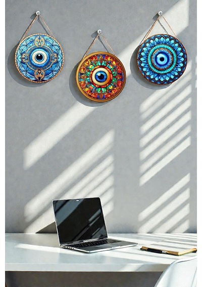 Nazar Boncuğu Kristal Mdf İpli Tablo Seti, 3 Lü Modern Duvar Dekoru, Salon, Oturma Odası, Ev İçin
